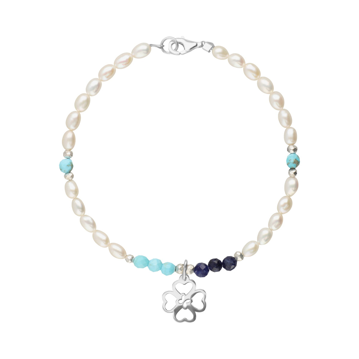 Bracelet 925 Silver Women Carisma Clover Turquoise / Sodolite / Pearls
