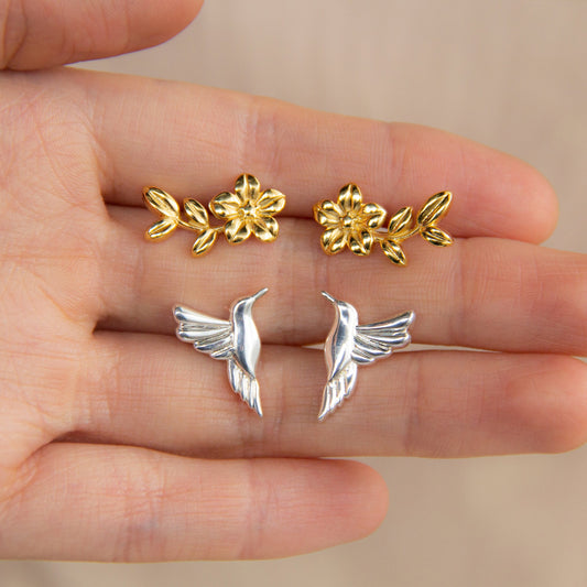 Studs 925 Silver Women Mensaje Amor Flower Leaves Gold