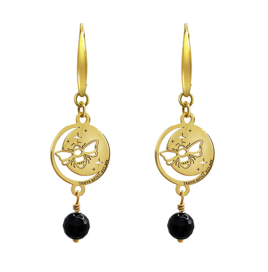 Earrings 925 Silver Women Magia Luna Prosperidad Agata Negra Dorado