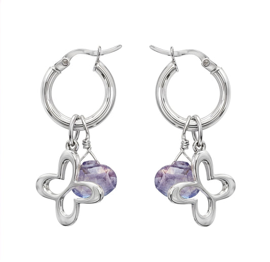 Arracadas Mujer Plata 925 Esenciales Mariposa Cristal Gota Morado