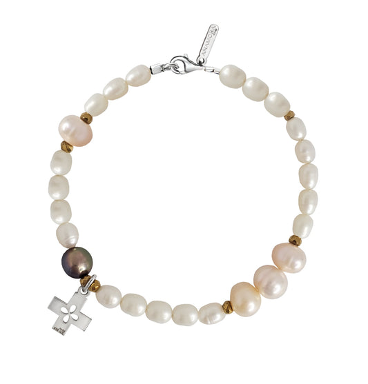 Bracelet 925 Silver Women Religioso Cross Pearls White Anamora by Tanya Moss