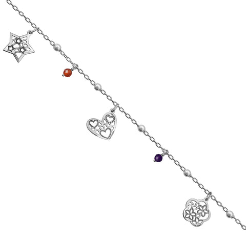 Pulsera Mujer Plata 925 Deseos 3 Charms Estrella Corazon Flor Piedras Anamora por Tanya Moss