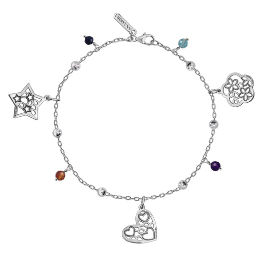 Pulsera Mujer Plata 925 Deseos 3 Charms Estrella Corazon Flor Piedras Anamora por Tanya Moss