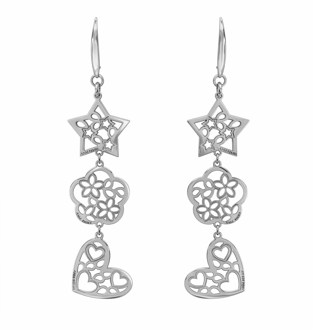 Aretes Mujer Plata 925 Deseos 3 Niveles Estrella Corazon Flor Anamora por Tanya Moss