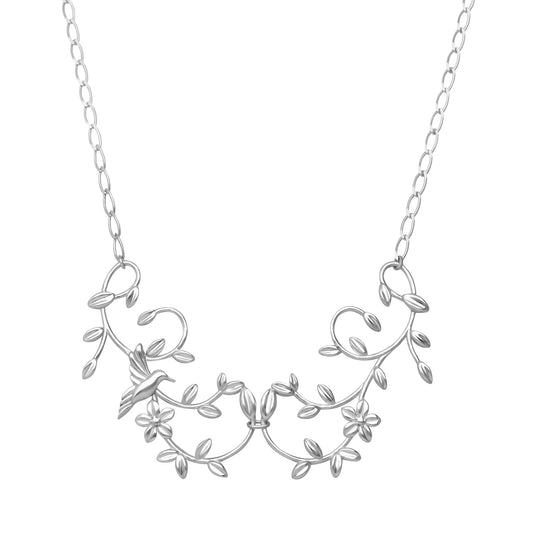 Necklace 925 Silver Women Mensaje Amor Flower Leaves Hummingbird Long