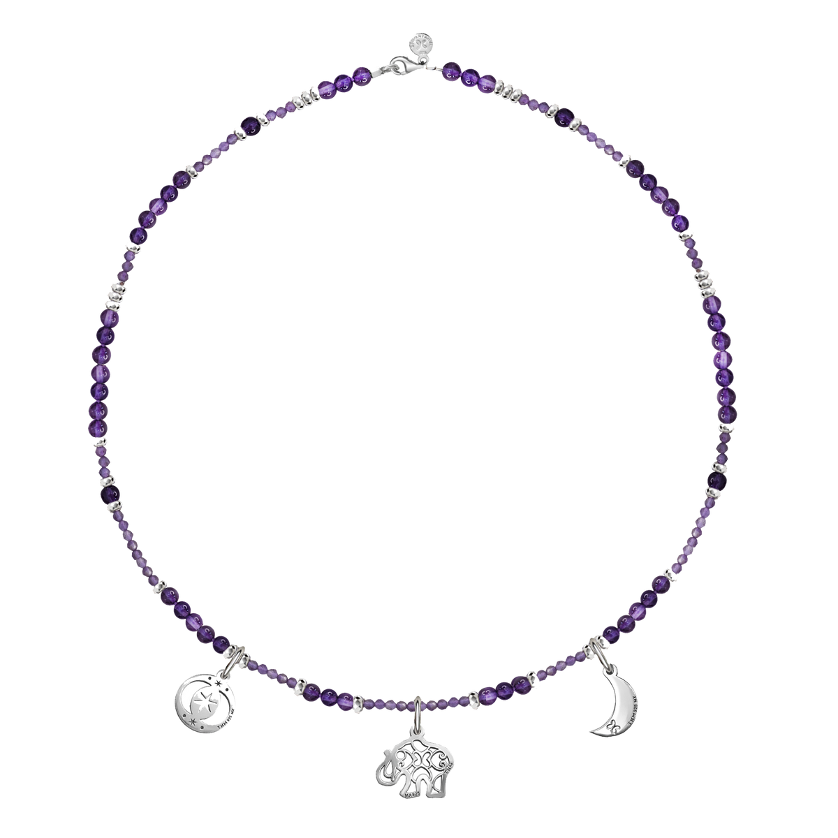 Necklace 925 Silver Women Zen Charms Moon Elephant Astros Amethyst