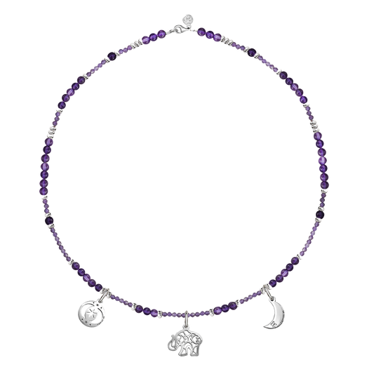 Necklace 925 Silver Women Zen Charms Moon Elephant Astros Amethyst